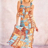 Printed Ruffle Top And Maxi Skirt Set: Orange Blue