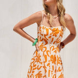 Abstract Print Mini Dress With Contrast Binding - Orange & White