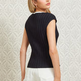 Contrast Trim Ribbed Knit Tank Top With Open Front Slit - Black / White