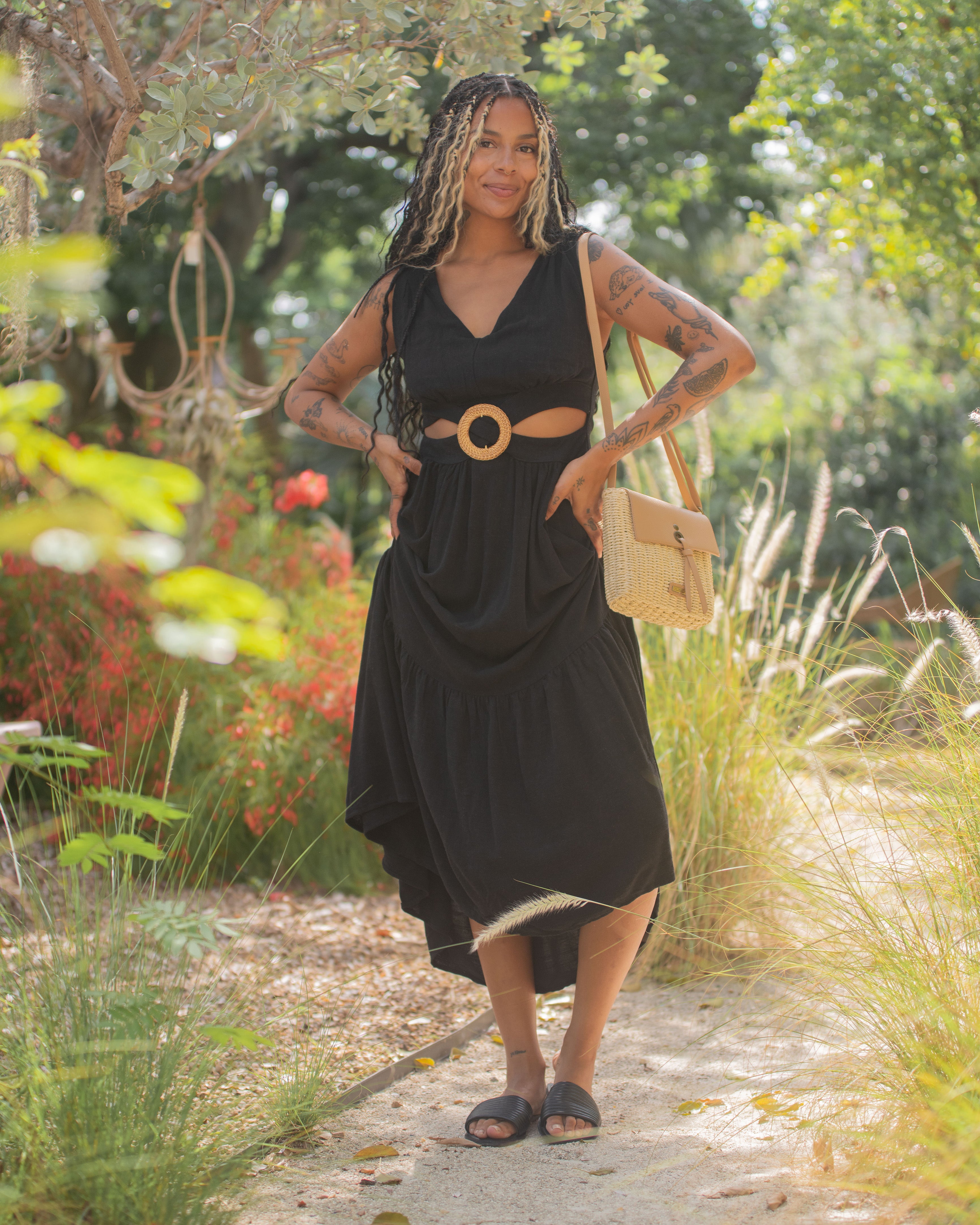 Black Linen Maxi Dress With Rattan Buckle & Tie Back by Surf Gypsy Black Linen Maxi Dress With Rattan Buckle & Tie Back by Surf Gypsy