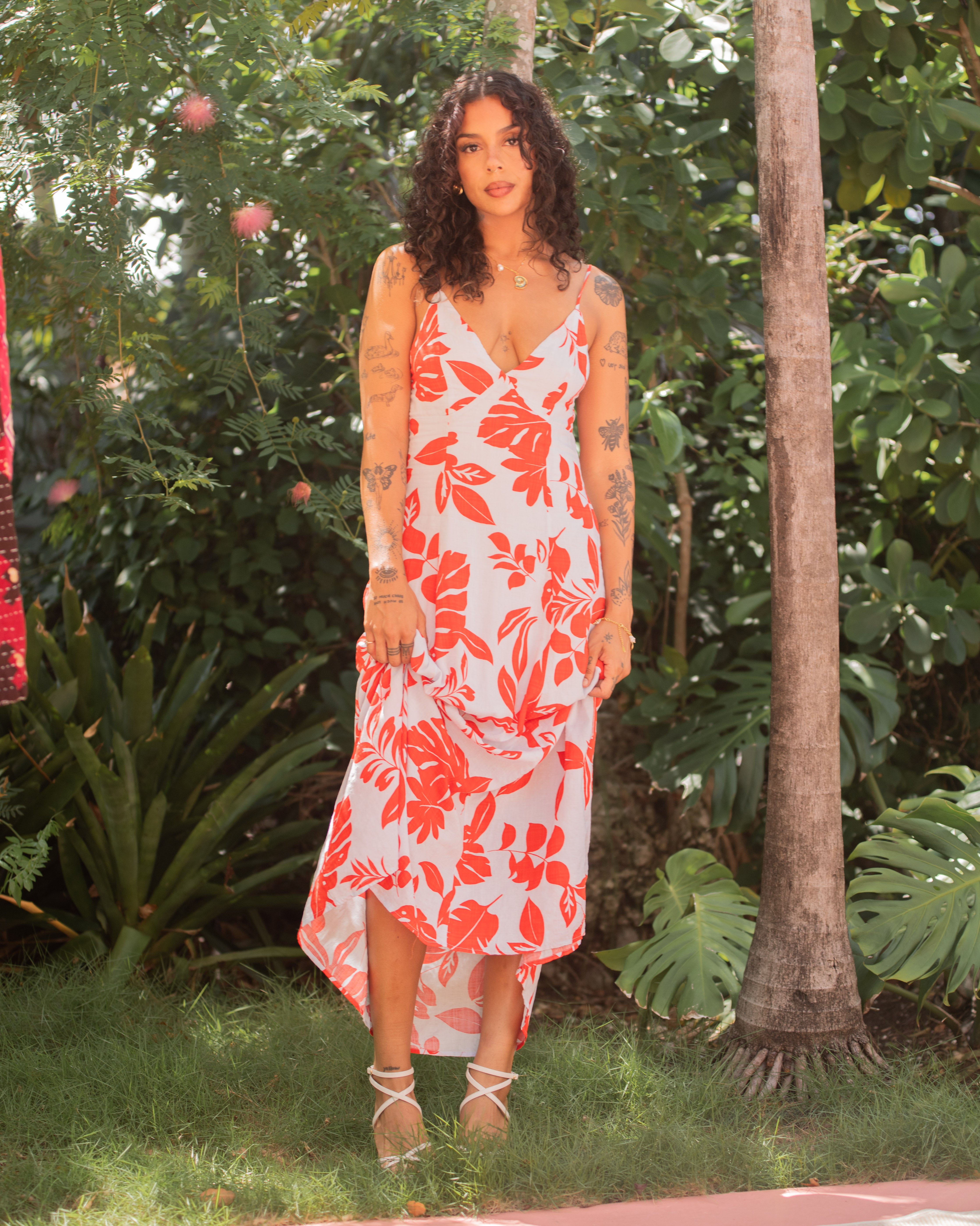 Tropical Maxi Dress w/ Tie Back - Red / Light Blue Tropical Maxi Dress w/ Tie Back - Red / Light Blue