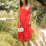 Linen Maxi Dress w/ Contrast Stitching & Wide Tie Straps - Red Linen