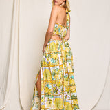 Isla Palma Halter Neck O Ring Cutout Maxi Dress - Yellow Tropical Print