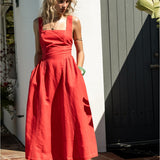 Linen Maxi Dress w/ Contrast Stitching & Wide Tie Straps - Red Linen