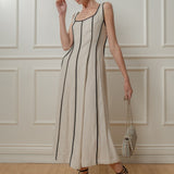 Linen Midi Tank Dress w/ Contrast Seams - Natural Ivory / Black