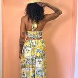 Isla Palma Halter Neck O Ring Cutout Maxi Dress - Yellow Tropical Print