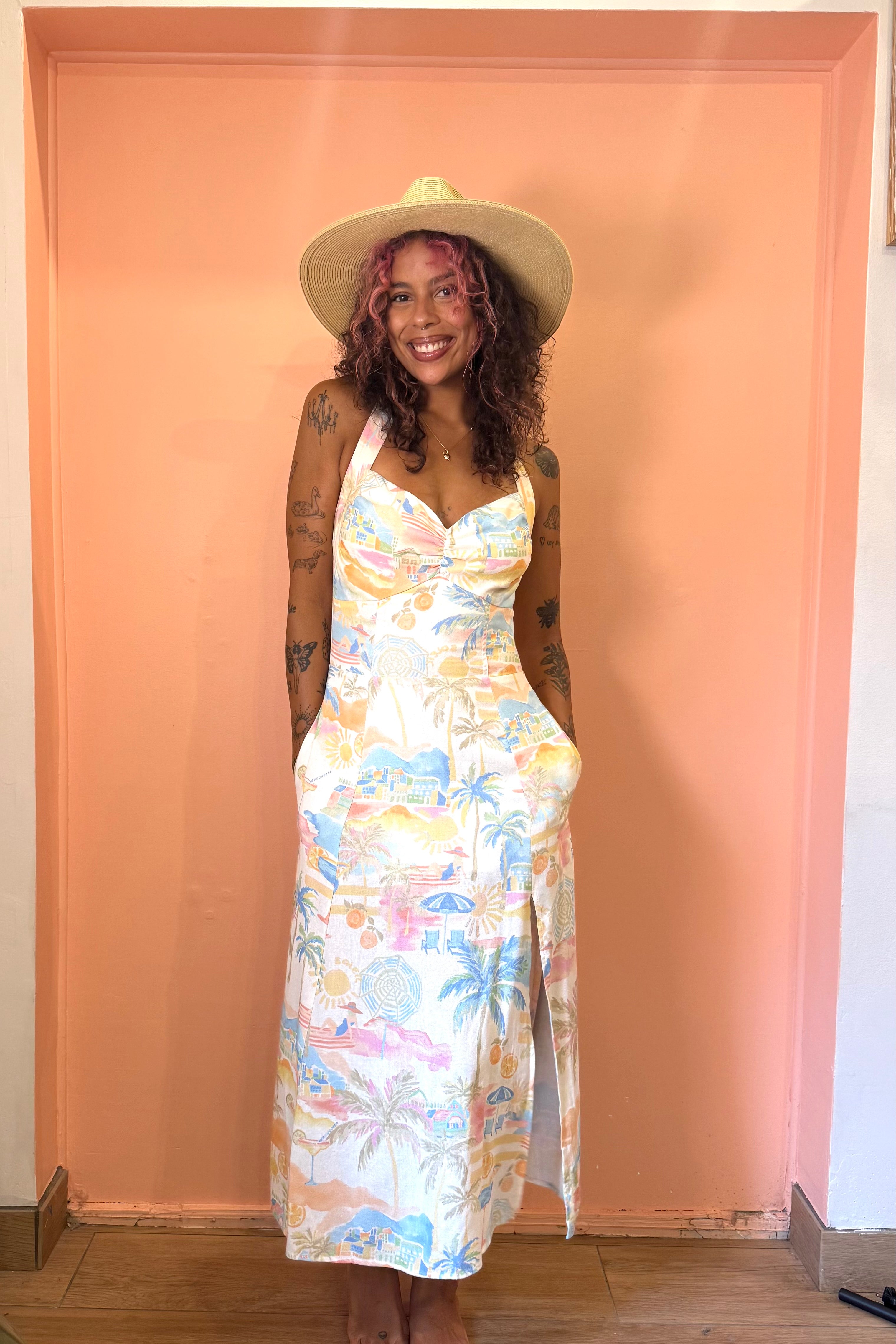 Summer Somewhere Halter Neck Midi Dress - Pastel Coastline Print Miss Monroe Boutique Summer Somewhere Halter Neck Midi Dress - Pastel Coastline Print Miss Monroe Boutique