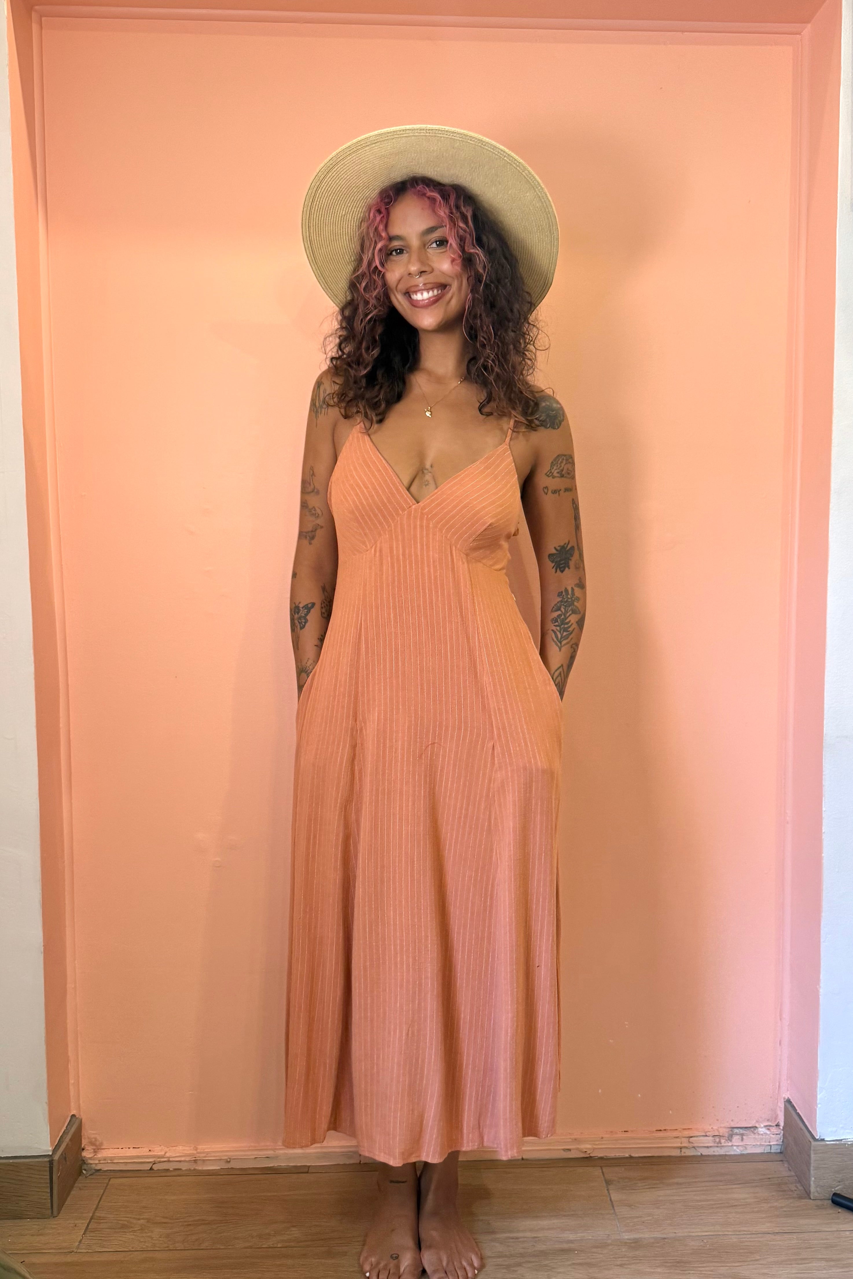Pinstripe Maxi Dress w/ Tie Back - Terracotta/ White Linen Stripe Miss Monroe Boutique Pinstripe Maxi Dress w/ Tie Back - Terracotta/ White Linen Stripe Miss Monroe Boutique