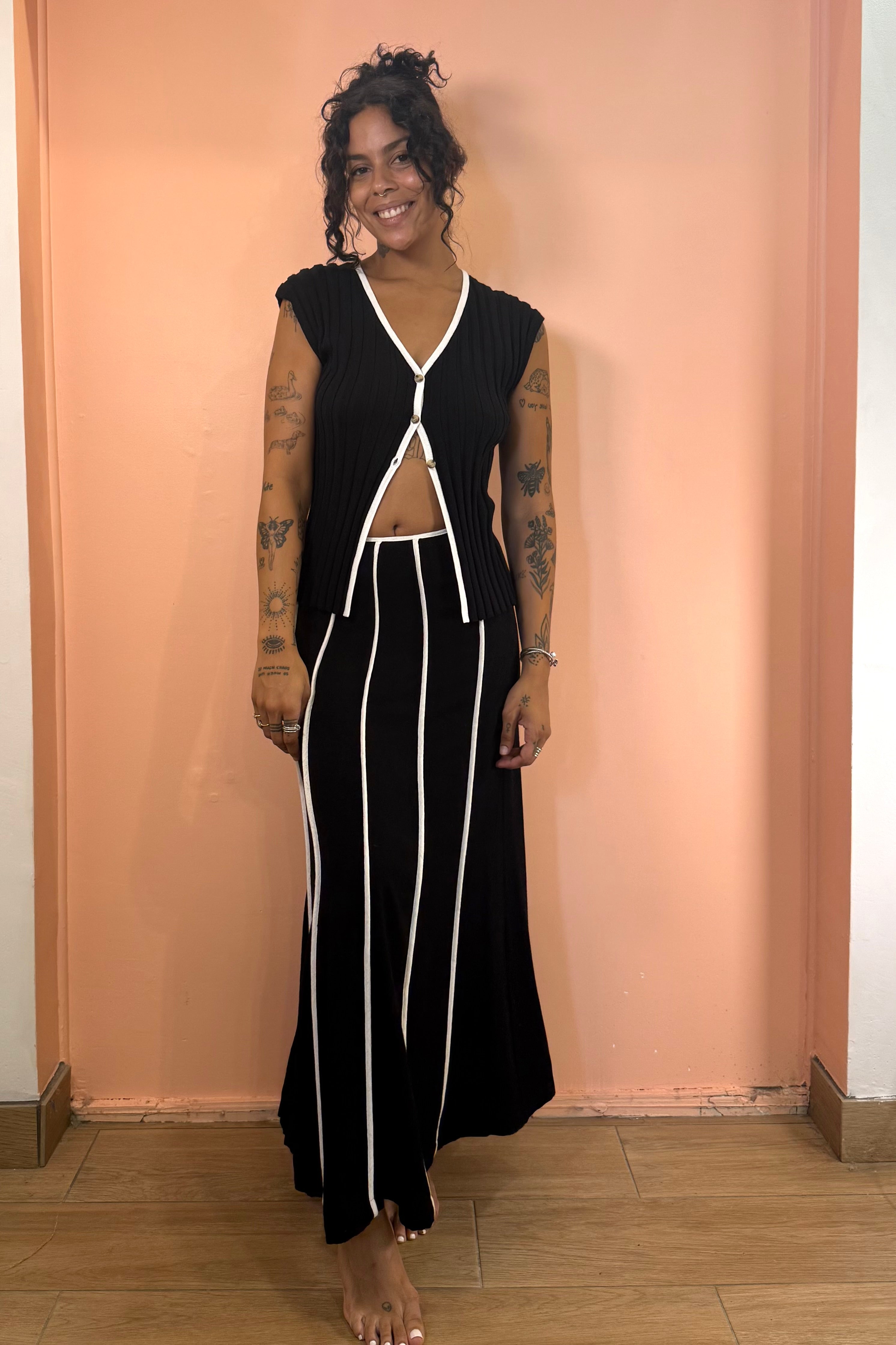 Linen Maxi Skirt w/ Contrast Seams - Black / Ivory Linen Maxi Skirt w/ Contrast Seams - Black / Ivory