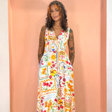 Summer Picnic Shirred Waist Midi Dress- White Print