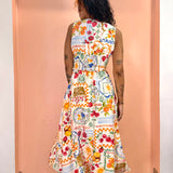 Summer Picnic Shirred Waist Midi Dress- White Print