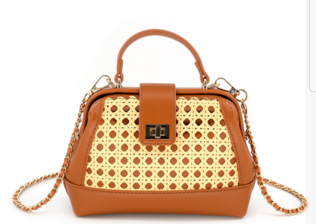 Juliette Rattan Purse With Turnlock Closure- Tan
