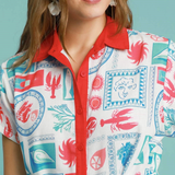 Resort Print Romper With Contrast Trim - Red Print