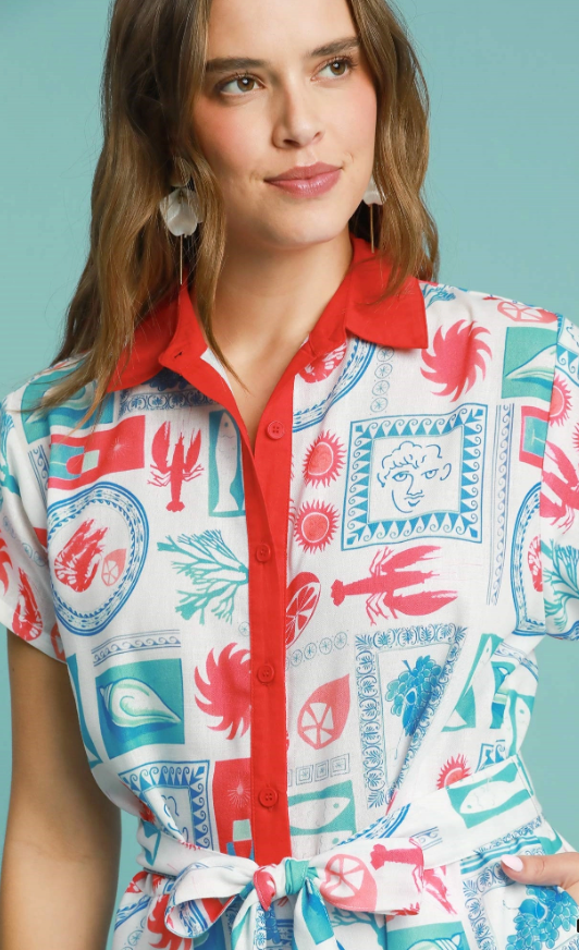 Resort Print Romper With Contrast Trim - Red Print