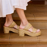 Two Strap Braided Straw Platform Wedge Sandals - Ocean Ave - Cognac