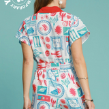Resort Print Romper With Contrast Trim - Red Print