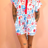 Resort Print Romper With Contrast Trim - Red Print