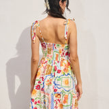 Summer Picnic Print Corset Tie Shoulder Mini Dress- White Print
