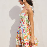 Summer Picnic Print Corset Tie Shoulder Mini Dress- White Print