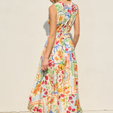 Summer Picnic Shirred Waist Midi Dress- White Print
