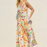Summer Picnic Shirred Waist Midi Dress- White Print
