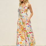 Summer Picnic Shirred Waist Midi Dress- White Print