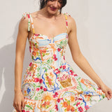 Summer Picnic Print Corset Tie Shoulder Mini Dress- White Print