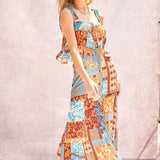 Printed Ruffle Top And Maxi Skirt Set: Orange Blue