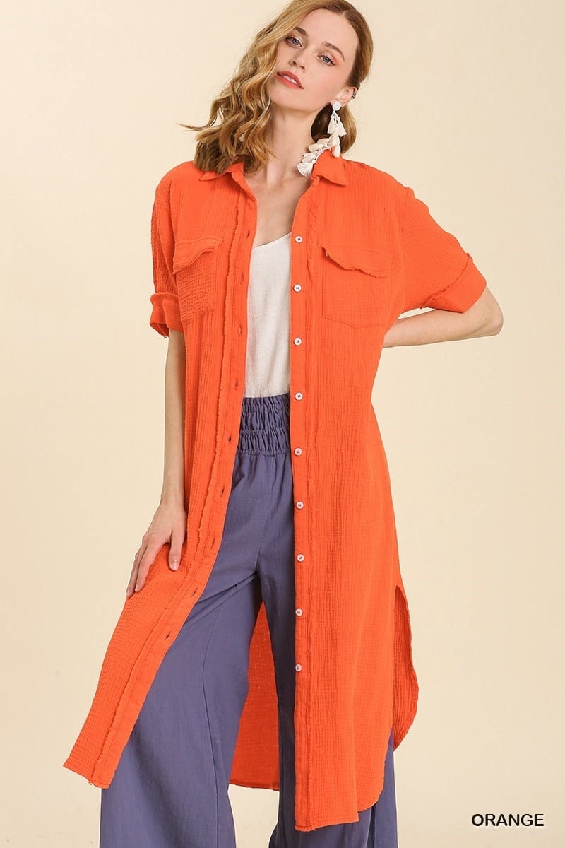 Orange Gauze Button Up Maxi Dress w/ Raw Edges Orange Gauze Button Up Maxi Dress w/ Raw Edges