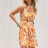Abstract Print Mini Dress With Contrast Binding -  Orange & White