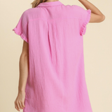 Pink Gauze Short Sleeve Button Up Dress w/ Raw Edges