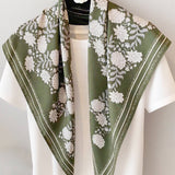 Printed Triangle Scarf  Bandana Style Wrap / Shawl  Floral Olive-White