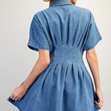 Denim Mini Dress With Pleated Waist by Eesome - Medium Blue Denim