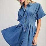 Denim Mini Dress With Pleated Waist by Eesome - Medium Blue Denim