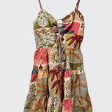 Printed Cut Out Dress: Multi Color Tropical Patchwork Print