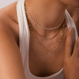 Cadeaux 18K Gold Non-Tarnish Stacked Pearl Chain Necklace: Yellow Gold