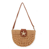Straw Half Moon Crossbody Purse With Starfish Closure - Tan