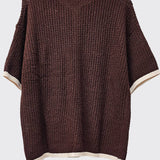 Crochet Matching Set - Button Up Top & Shorts -  Chocolate Brown / White