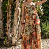 Printed Halter Tie Maxi Dress: Multi
