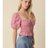Gingham Puff Sleeve Crop Top - Red & White