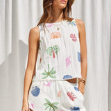 Seashell Summer Print Open Back Tank  - White Multi Print