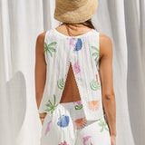 Seashell Summer Print Open Back Tank  - White Multi Print