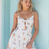 Sailboat Print Tie Front Mini Dress - White Multi Print