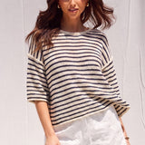 Striped 3/4 Sleeve Top  -  Navy / White