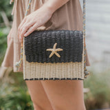 Straw Crossbody Purse w/ Gold Starfish, Corded Strap - Black & Natural Straw