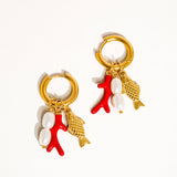 Rocaille 18K Gold Non-Tarnish Fish Pearl Earring: Red