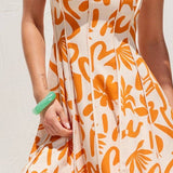 Abstract Print Mini Dress With Contrast Binding -  Orange & White