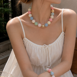 Pastel Marble Statement Beaded Necklace & Bracelet Set: Blue