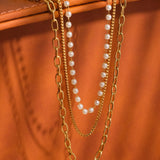 Cadeaux 18K Gold Non-Tarnish Stacked Pearl Chain Necklace: Yellow Gold