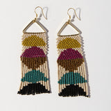 Beaded Half Circles On Triangle Fringe Earrings - Muted - Ivory, Purple, Citron, Teal